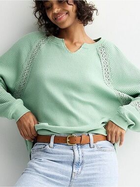 SO Mint Green Lace-Trim Waffle Knit Scoop-Neck Sweater